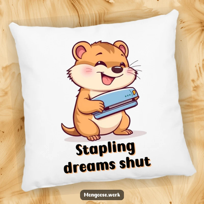 Funny pillow with a cute mongoose energetically using a stapler with a grin, offering comfort and a humorous office-themed accent.