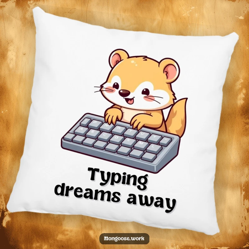 Funny mongoose pillow, a cute mongoose enthusiastically typing on a large-keyed keyboard, offering comfort and tech-themed charm.