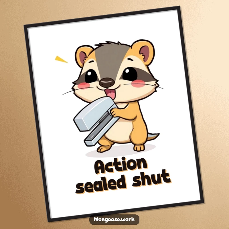 Funny mongoose dramatically slamming a stapler shut with a flourish, as a digital art print, adding dramatic humor to any room.