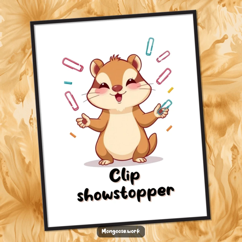 Funny Mongoose Digital Art: Artwork of a mongoose juggling paper clips with intense focus, offering instant funny decor and a great funny gift.