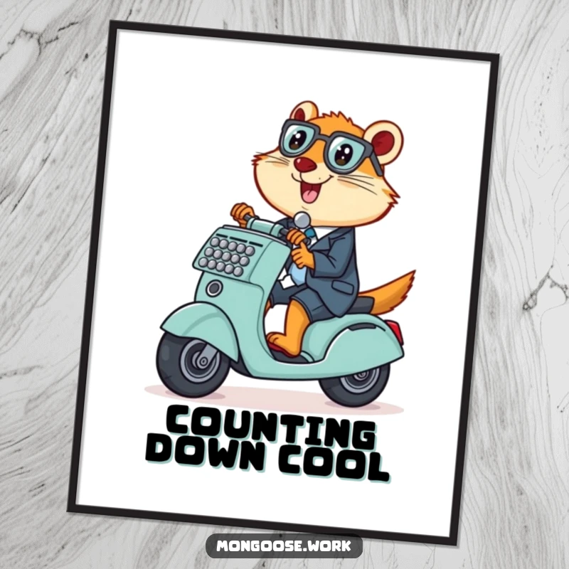 Funny Mongoose Digital Art Print, a mischievous office worker riding an adding machine as a scooter, symbolizing office fun.