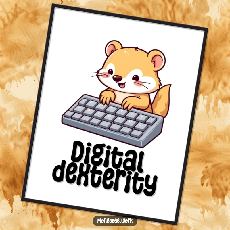 Funny mongoose digital art print, a cute mongoose typing on a large keyboard, offering instant tech humor and charming decor.