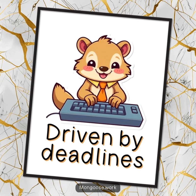 Funny digital art print of a happy mongoose wearing a tie, enthusiastically typing on a keyboard, perfect for instant, humorous office decor.