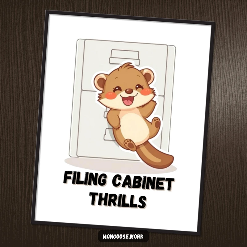 Funny mongoose digital art, a happy mongoose sliding down a filing cabinet, office humor printable, instant download.