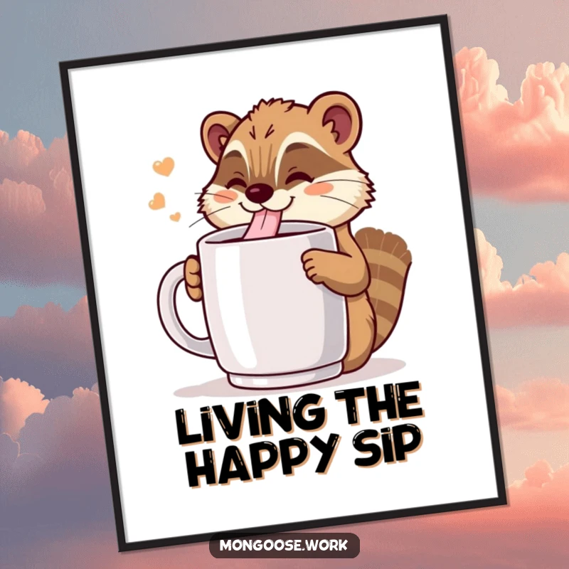 Funny Kawaii mongoose gleefully drinking from a giant coffee mug, available as a digital art print for instant, cheerful decor.