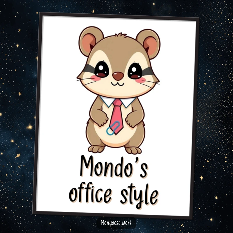 Funny Kawaii mongoose digital art print of a mischievous character wearing a paperclip tie, instant download.
