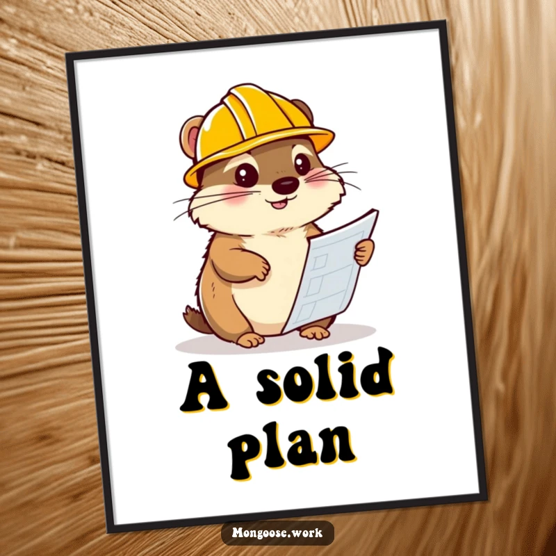 Funny mongoose digital art print, wearing a hard hat and studying blueprints, a humorous and intelligent piece of wall decor.