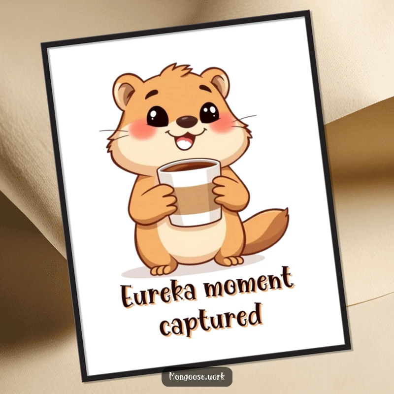 Funny mongoose digital art print, a happy mongoose holding a coffee cup and gesturing excitedly, offering instant energy and coffee-themed decor.
