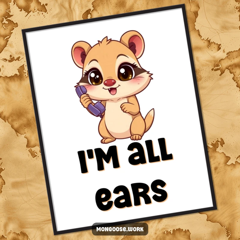 Funny Mongoose Digital Art Print: Excited mongoose with focused eyes answers a ringing phone, high-resolution humor for digital display.