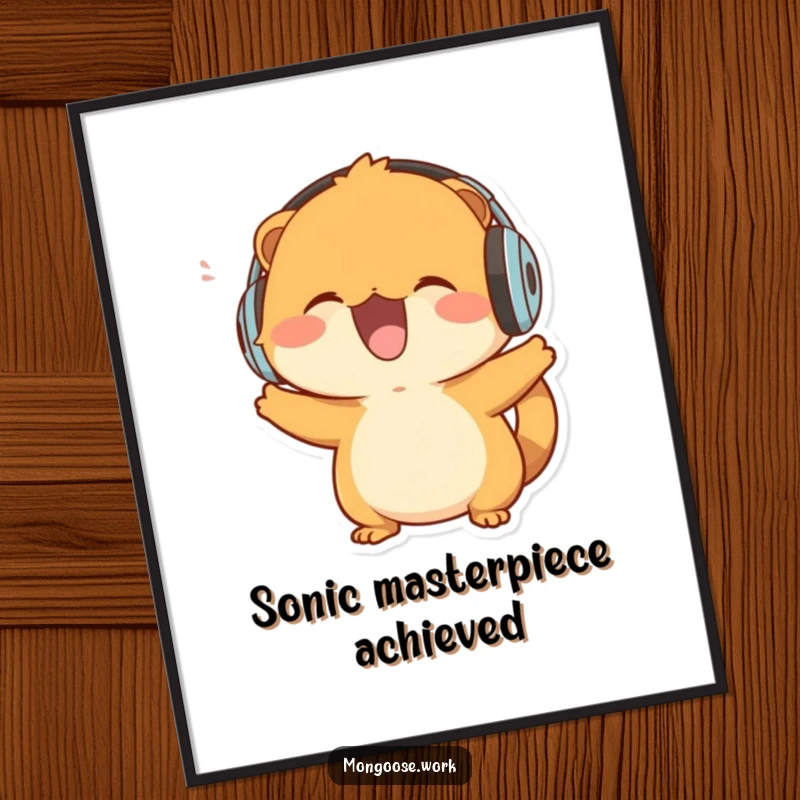 Funny Mongoose Digital Art: A delighted mongoose with headphones, enthusiastically bobbing its head to music.