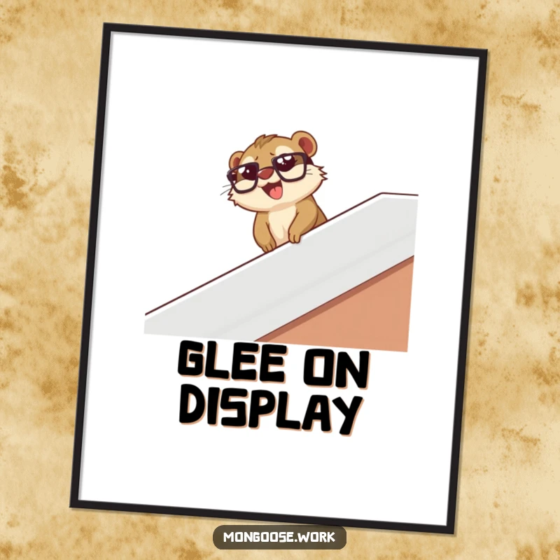 Funny mongoose wearing glasses slides down a desk banister with glee, as digital art for joyful wall decor.
