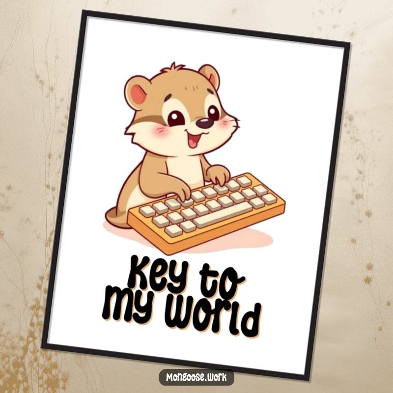Funny Mongoose digital art, typing on large keyboard, cute tech illustration, instant download art, perfect funny gift.