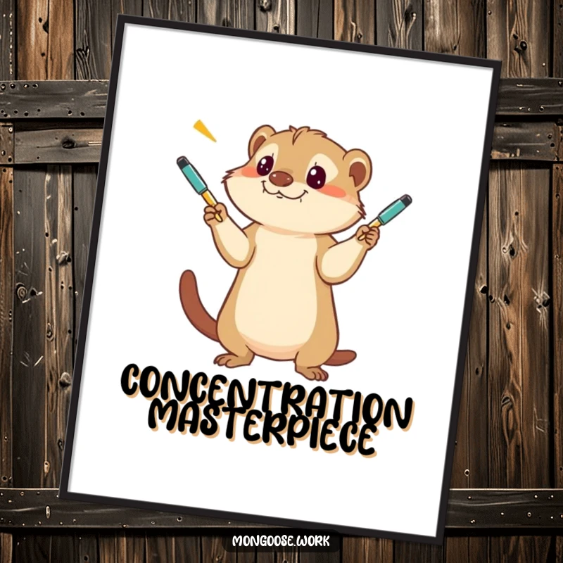 Funny Mongoose Digital Art Print, a comical illustration of a mongoose masterfully juggling several pens with intense concentration.
