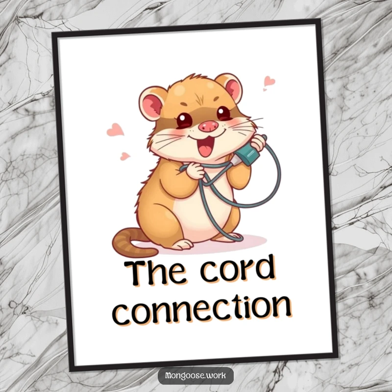 Funny digital art print of a cute mongoose comically tangled in a phone cord, conveying a humorous and relatable tech-struggle mood.