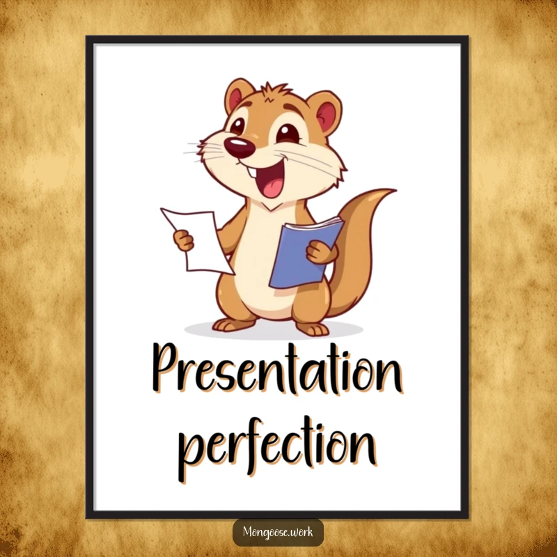 Funny digital art print of an excited mongoose wagging its tail while presenting a report, ideal for celebratory decor.