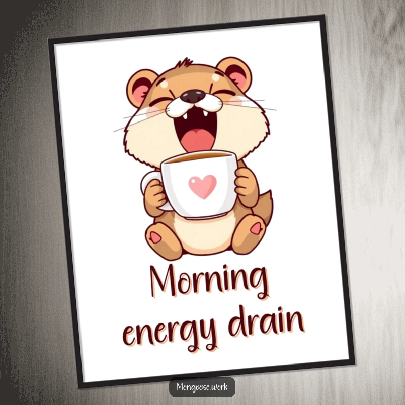 Funny Mongoose Yawning Digital Art Print - Cute sleepy animal illustration, instant downloadable humor, funny gift.