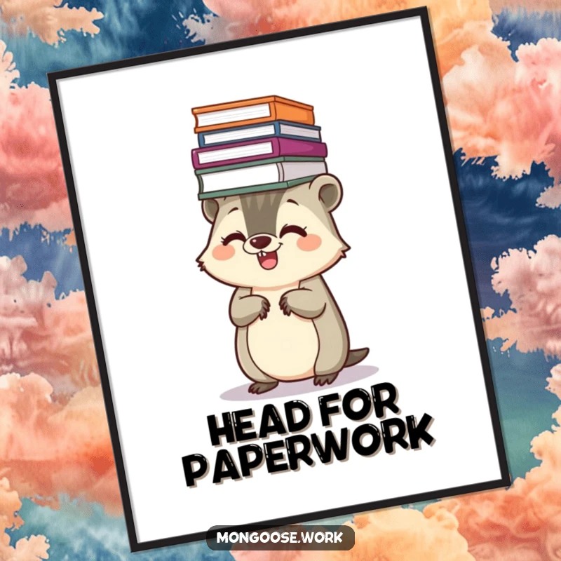 Funny Kawaii mongoose digital art, showing a giggling mongoose balancing a stack of files on its head, perfect for instant organized decor.
