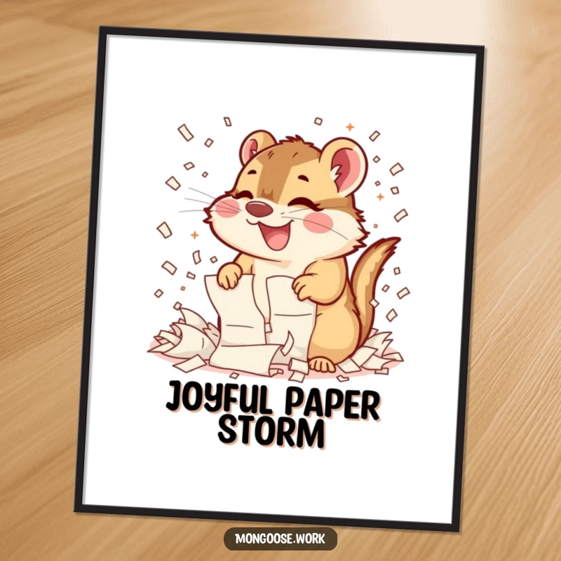 Funny Mongoose Shredding Digital Art: A high-resolution print of a mongoose gleefully and energetically shredding documents, embodying joyful chaos.