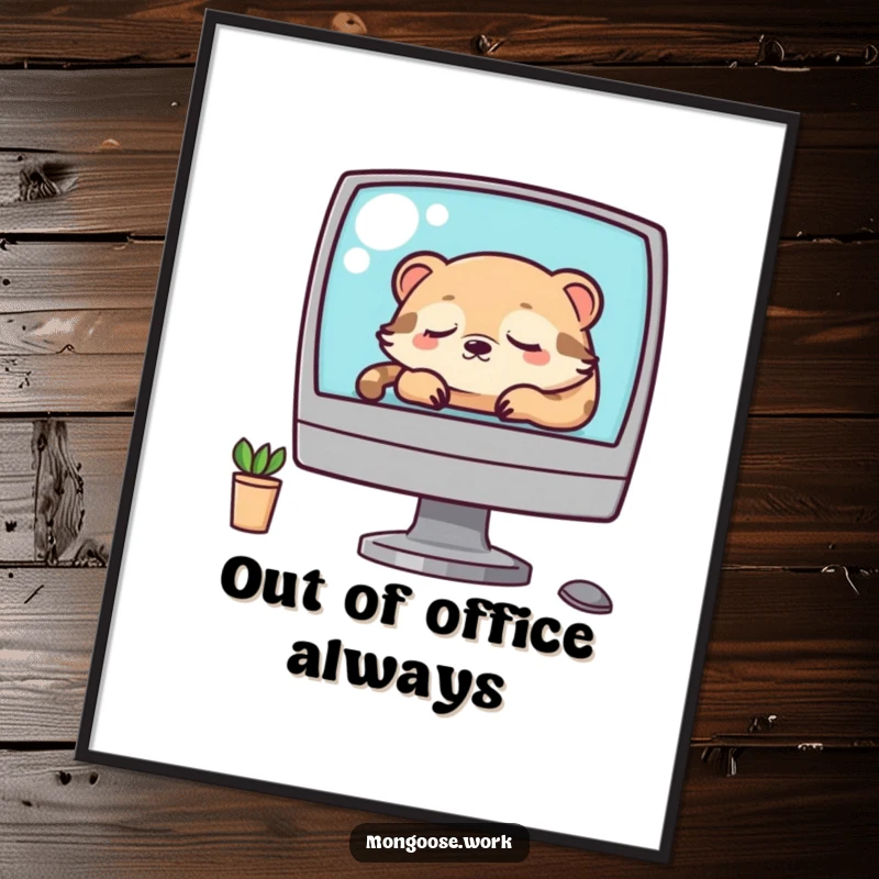 Funny Kawaii mongoose napping on a computer monitor, available as a digital art print for instant, humorous wall decor.