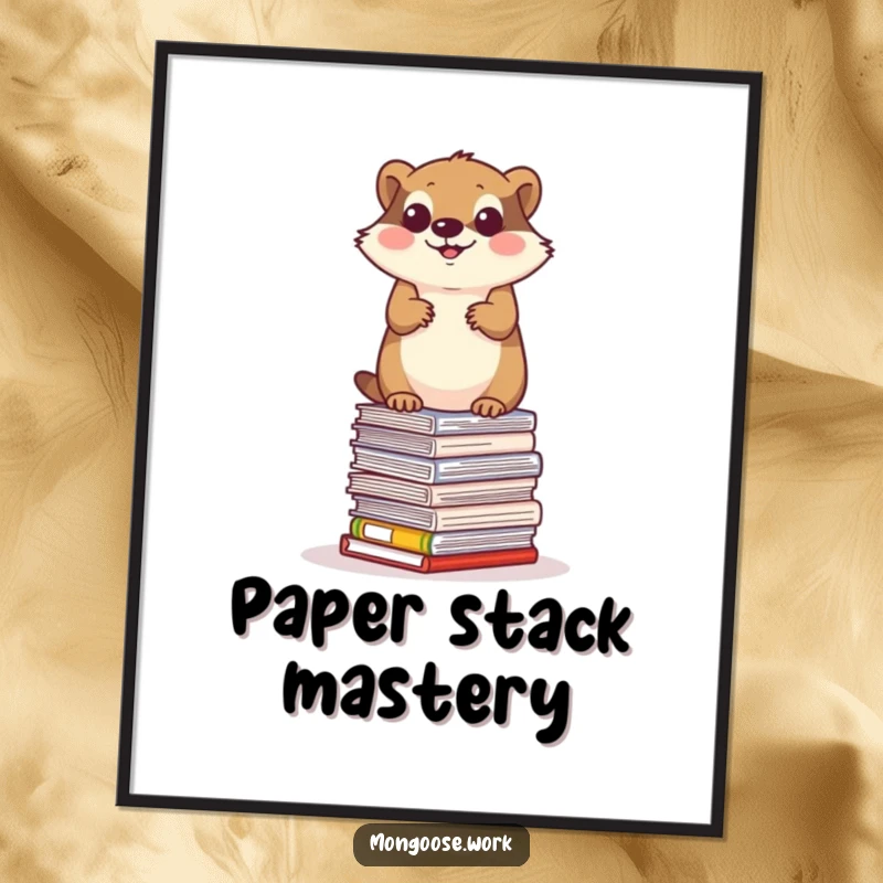 Funny mongoose digital art, a determined mongoose balancing on a stack of office papers, office acrobatics printable.