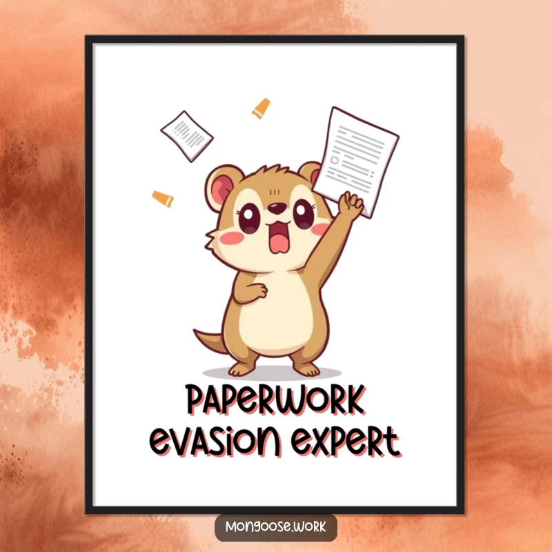 Funny Kawaii mongoose digital art, showing a surprised mongoose comically dodging a flying document, perfect for instant office humor.