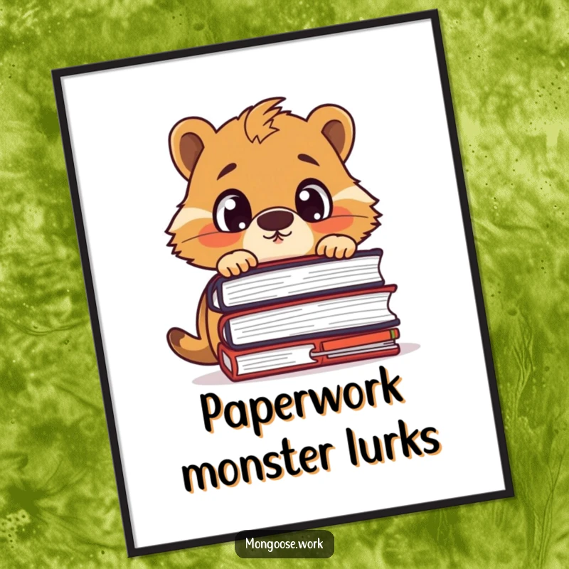 Funny digital art print of a surprised mongoose character peeking over a large stack of files, symbolizing work stress humor.