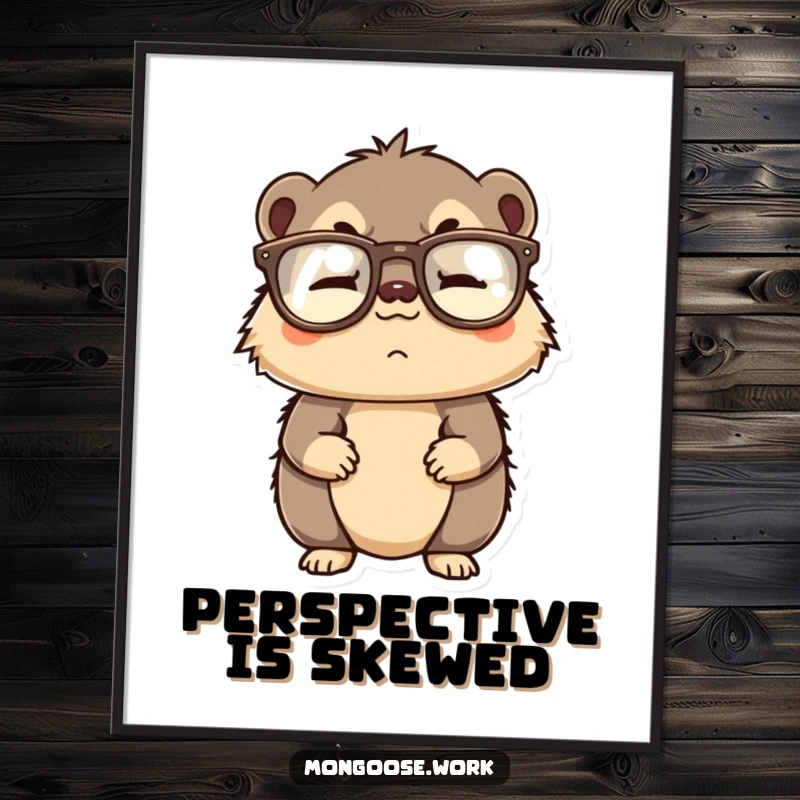 Funny digital art print of a confused mongoose character wearing reading glasses upside down, ready for framing.