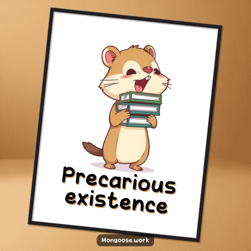 Funny Mongoose busy digital art print of a mongoose precariously balancing a stack of files, perfect for wall decor.