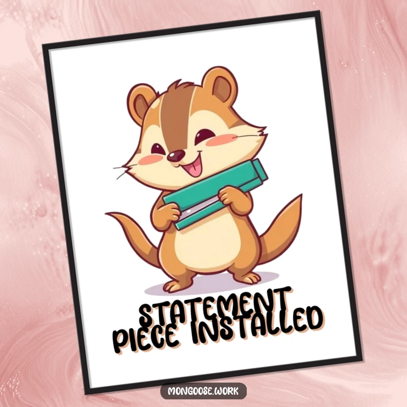 Funny Office Digital Art: A cheerful mongoose character using a stapler with great force, symbolizing power.