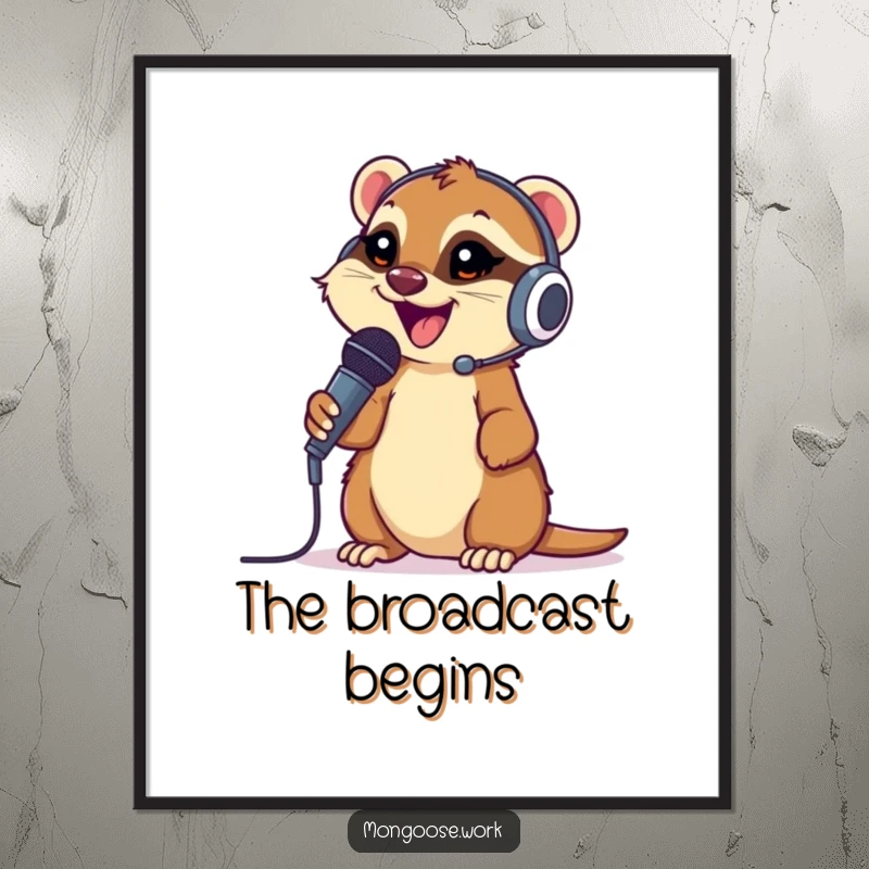 Funny Mongoose Digital Art Print: A happy mongoose wearing a headset and microphone, enthusiastically chatting, a humorous scene.