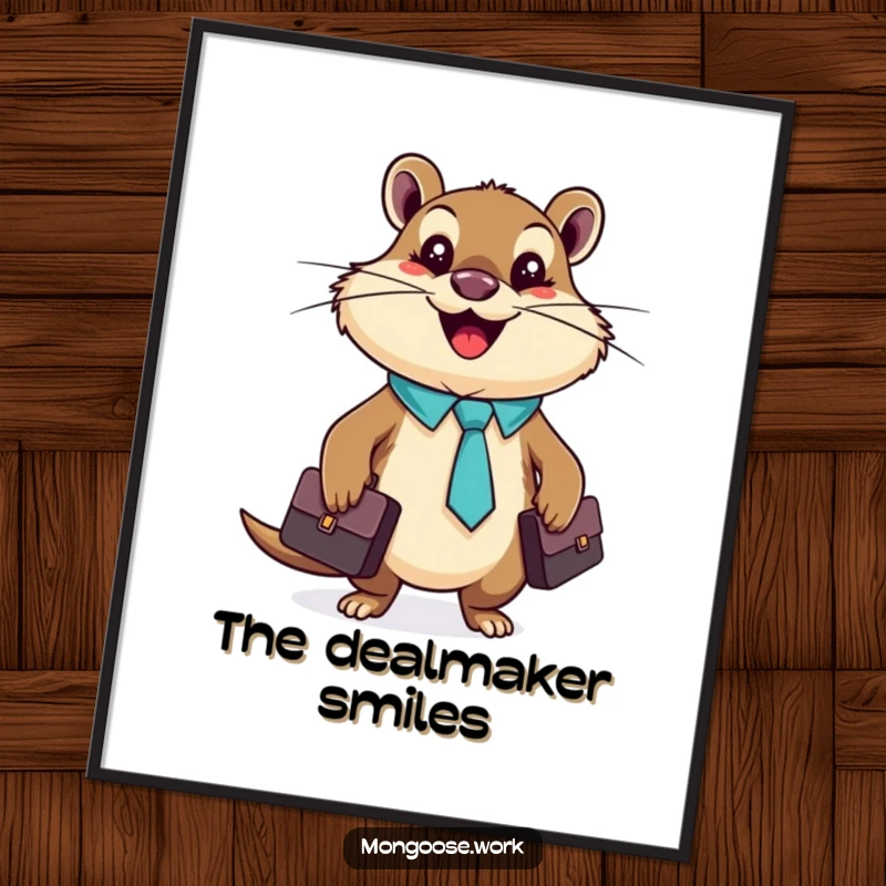 Funny mongoose wearing a tie and holding a briefcase, a charming digital art print.