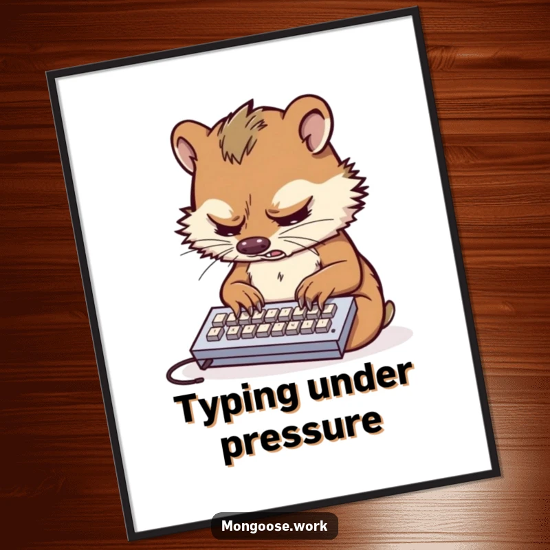 Funny digital art print of a stressed mongoose typing furiously on a tiny keyboard, ideal for workspace decor.