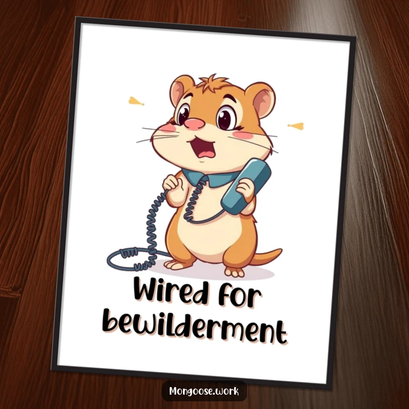 Funny digital art print of a surprised mongoose office worker completely entangled in a vintage phone cord, looking utterly bewildered and stuck.