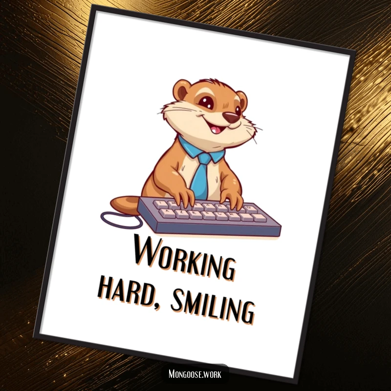 Funny mongoose in a tie enthusiastically typing on a keyboard with a smile, as digital art for office decor.