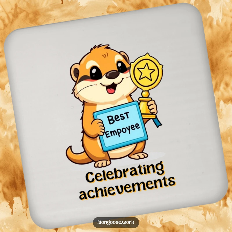 Funny Mongoose Coaster, depicting a proud mongoose holding a shining 'Best Employee' award, perfect for protecting surfaces humorously.