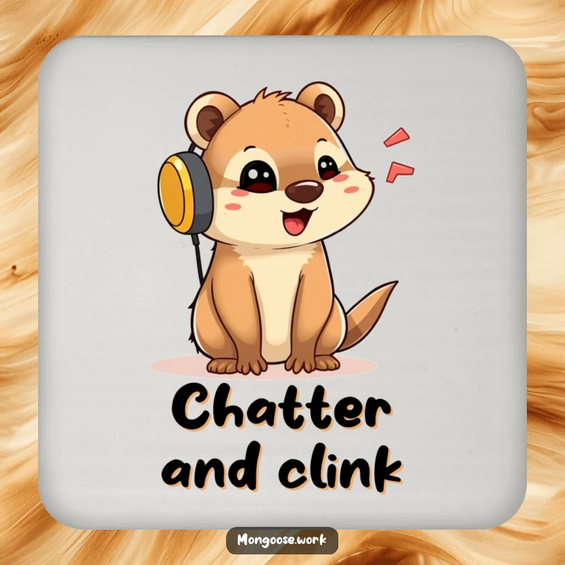 Funny drink coaster featuring a cute mongoose character with a large headset, talking animatedly, adding conversational charm.
