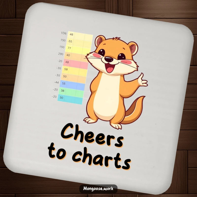 Funny mongoose enthusiastically pointing to a bright, colorful chart on a drink coaster, adding a touch of motivational humor to tabletops.