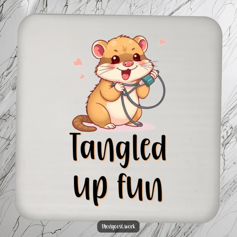 Funny drink coaster with a cute mongoose comically tangled in a phone cord, offering a humorous touch to table protection.