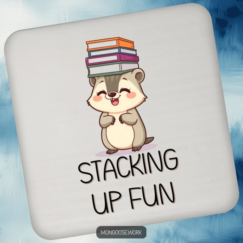 Funny Kawaii mongoose drink coaster, featuring a giggling mongoose balancing a stack of files on its head, adding organized humor.