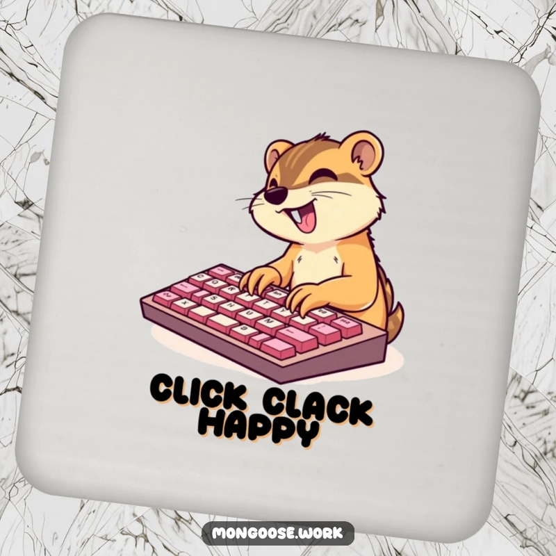 Funny coaster with a cute mongoose character excitedly typing on an oversized keyboard, adding quirky charm to surfaces.