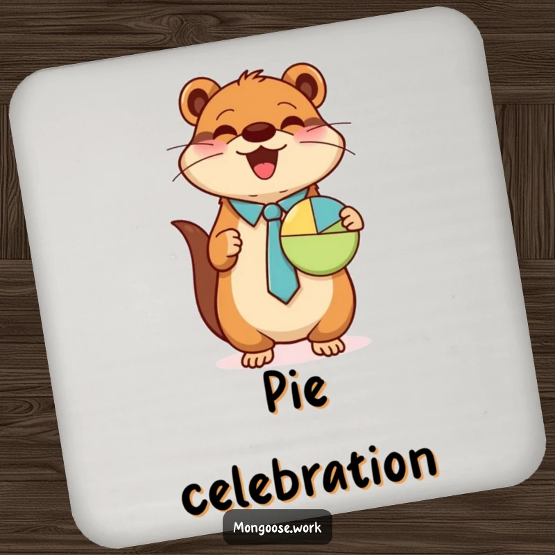Funny Mongoose coaster, wearing tie, presenting pie chart, cute business accessory, drink decor, ideal funny gift.
