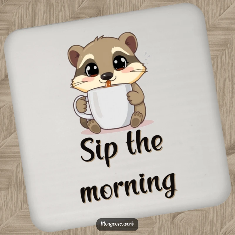 Funny Mongoose coaster, sipping coffee happily, cute coffee accessory, drink decor, ideal funny gift.