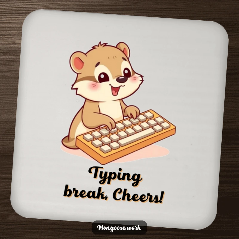 Funny Mongoose coaster, typing on keyboard, cute tech accessory, drink decor, ideal funny gift.