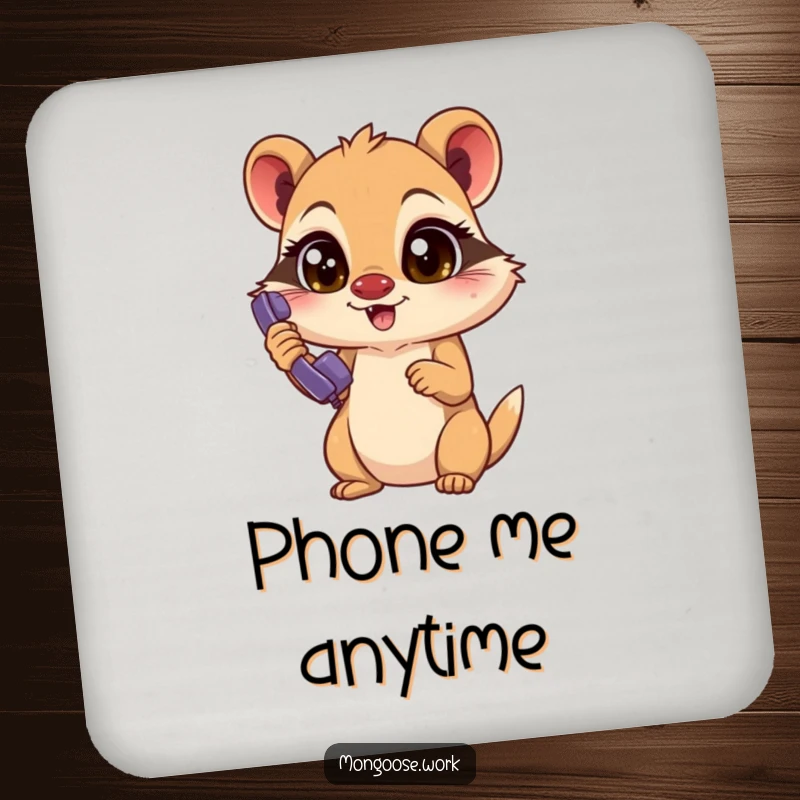 Funny Mongoose Coasters: Set of coasters featuring an excited mongoose with focused eyes answering a ringing phone, adding humorous protection.