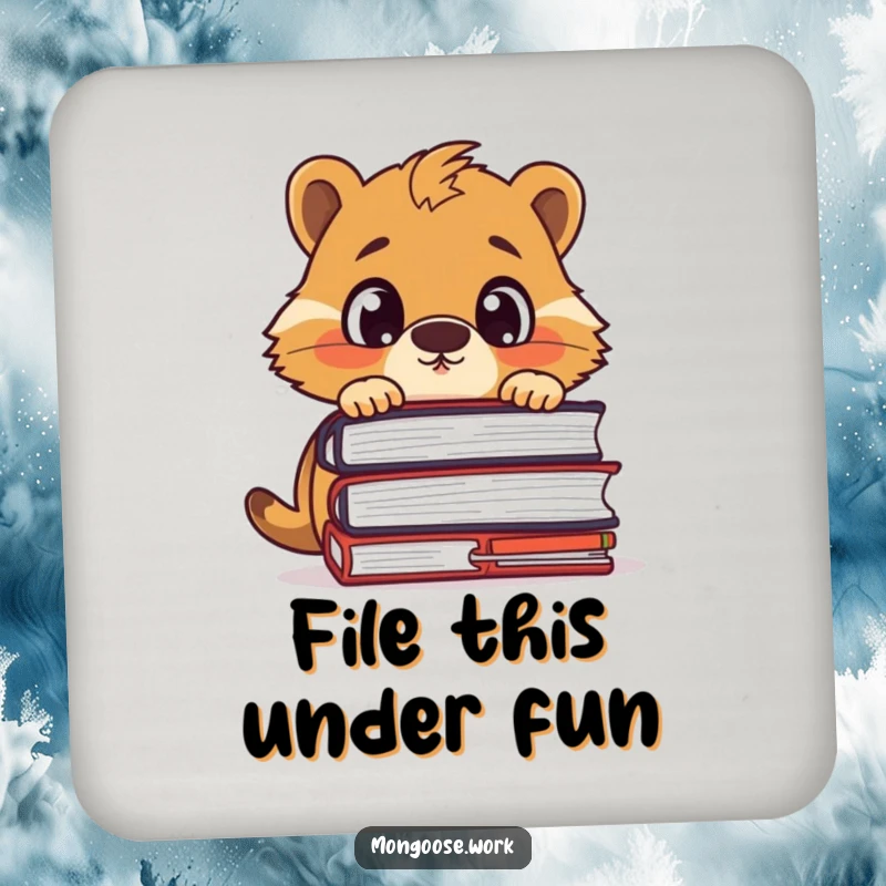 Funny coaster with a surprised mongoose character peeking over a large stack of files, protecting surfaces with humor.