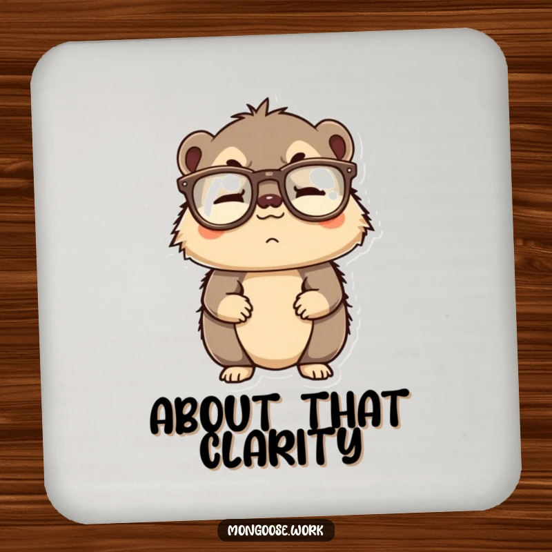 Funny drink coaster featuring a confused mongoose wearing reading glasses upside down, protecting surfaces with style.