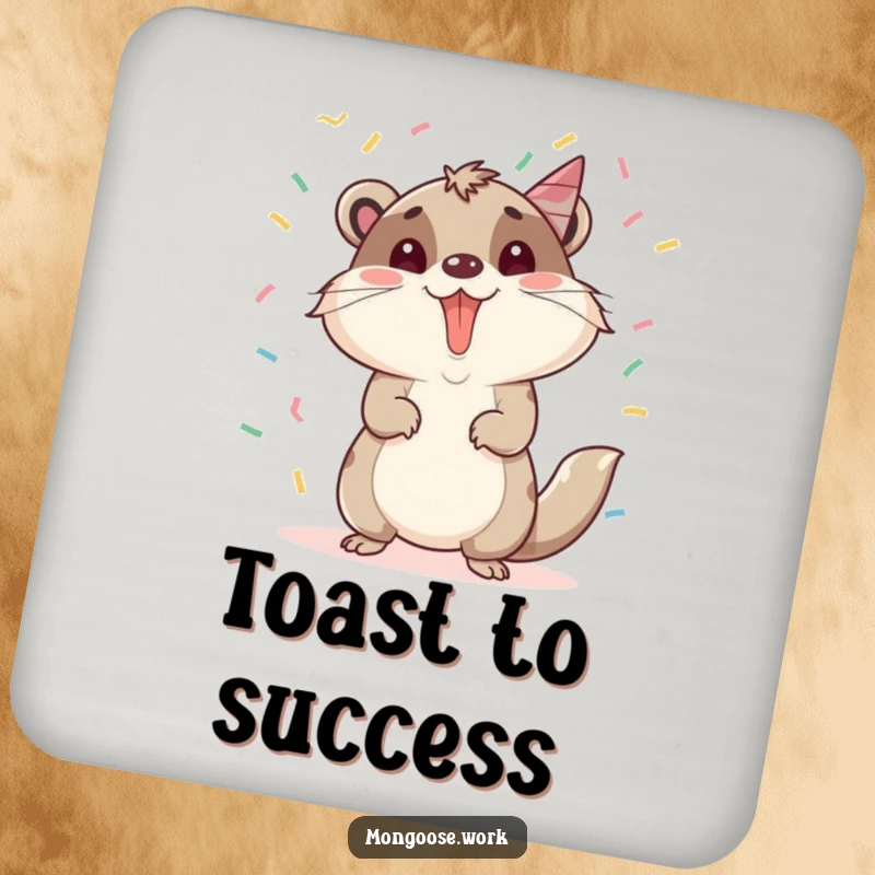 Funny Mongoose Coasters: A mongoose celebrating a promotion with confetti, providing surface protection with festive charm, ideal for funny gifts.