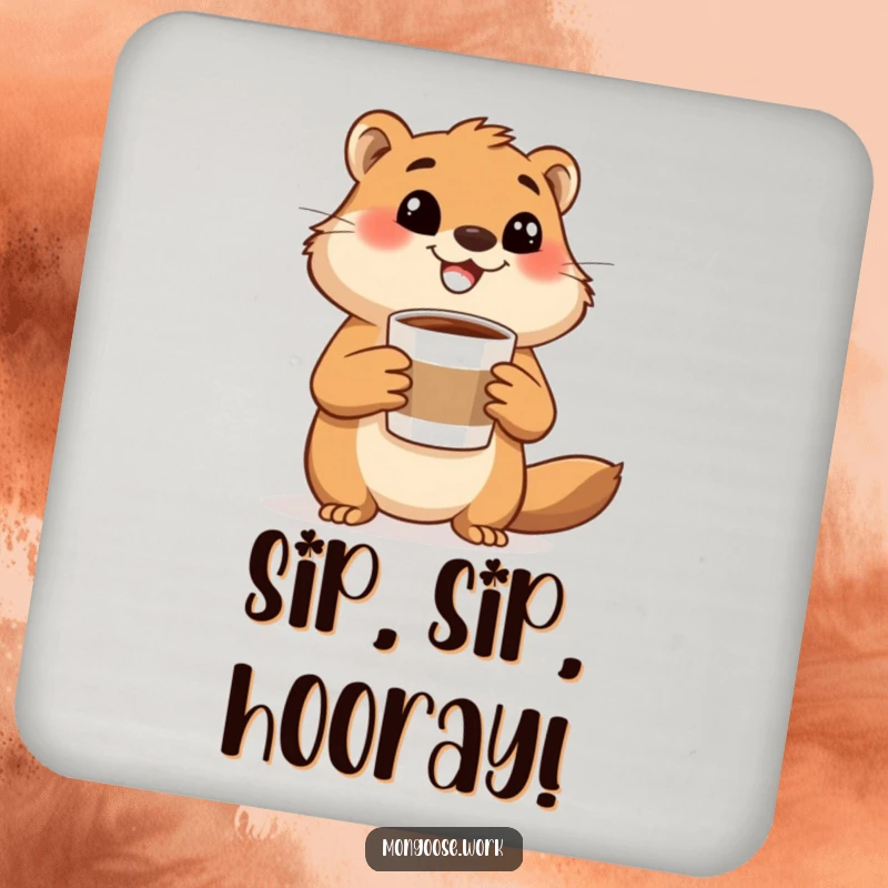 Funny mongoose coaster, a happy mongoose holding a coffee cup and gesturing excitedly, ideal for protecting surfaces with coffee charm.