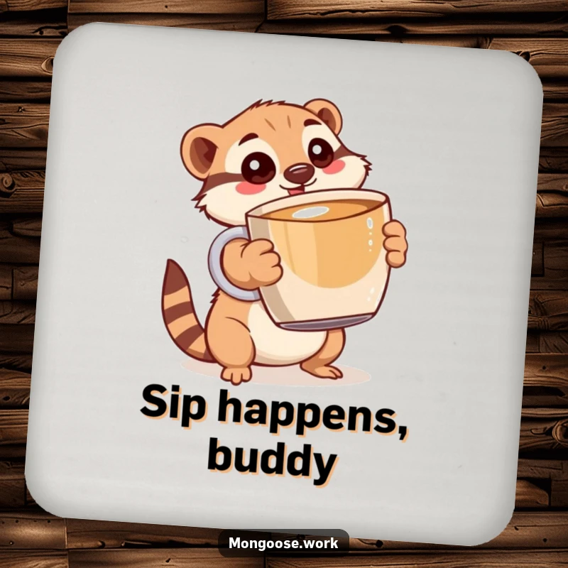 Funny Mongoose Coaster: A wide-eyed mongoose holding a giant coffee mug, humorously protecting your table.