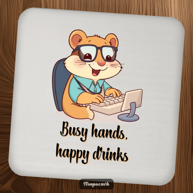 Funny drink coaster showing a giddy mongoose office worker typing furiously on a tiny keyboard, bringing a burst of office energy to any surface.